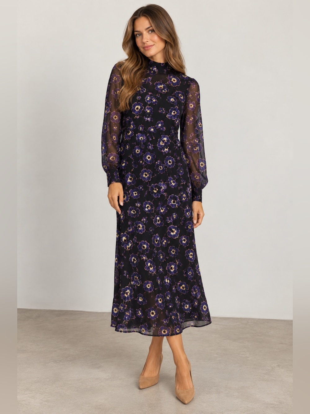GANNI Floral Midi Dress Black Purple Long Sleeve Size 38